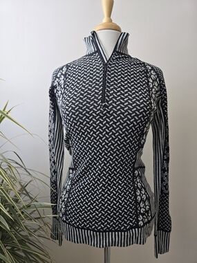 Kari Traa Black and White Patterned Half-Zip Sweater Merino Wool Size M